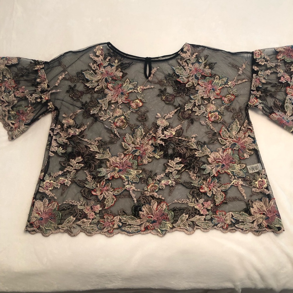 Sundance Celeste Embroidered Beaded Blouse Top Size XL Sheer Overlay, w/o Tank